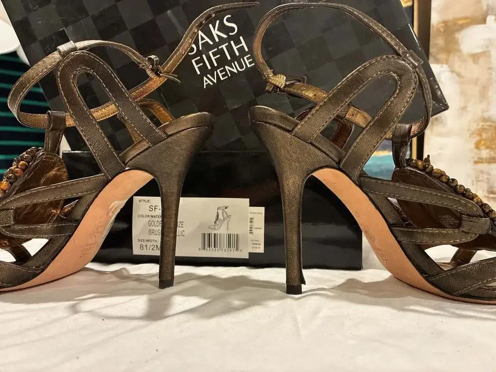 Saks Fifth Avenue SF-Pop Golden Bronze Brush Metallic Heeled Sandals Size 8.5M